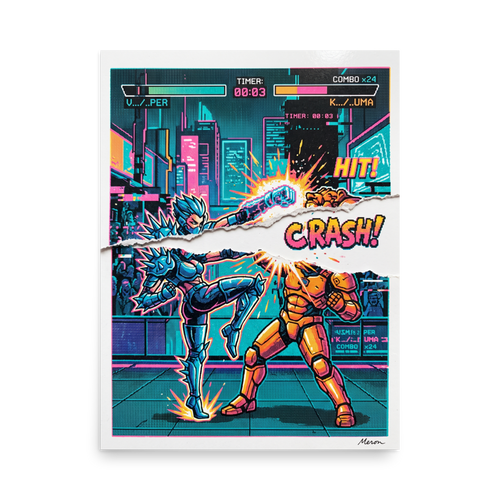 'Arcade Tearout: Final Combo', part of Meron's Pixel art wall art. Vivid pixel art print of a 90s fighting arcade video game scene with torn paper tearout design, perfect for a game room or man cave.