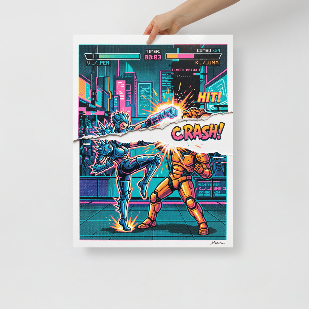 Vivid pixel art print of a 90s fighting arcade video game scene with torn paper tearout design, perfect for a game room or man cave. 'Arcade Tearout: Final Combo', a Pixel art print for the wall.
