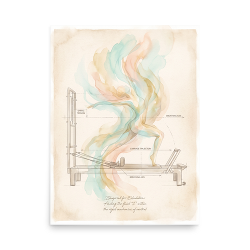 'Blueprint for Exhalation', a Lyco art wall art print. An artistic technical blueprint illustration of a Pilates reformer apparatus on vintage parchment with a fluid watercolor figure rising in soft teal and peach tones, ideal for a pilates studio or home gym.