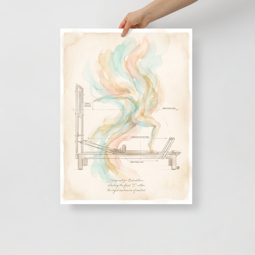 Lyco art wall art, 'Blueprint for Exhalation'. An artistic technical blueprint illustration of a Pilates reformer apparatus on vintage parchment with a fluid watercolor figure rising in soft teal and peach tones, ideal for a pilates studio or home gym.