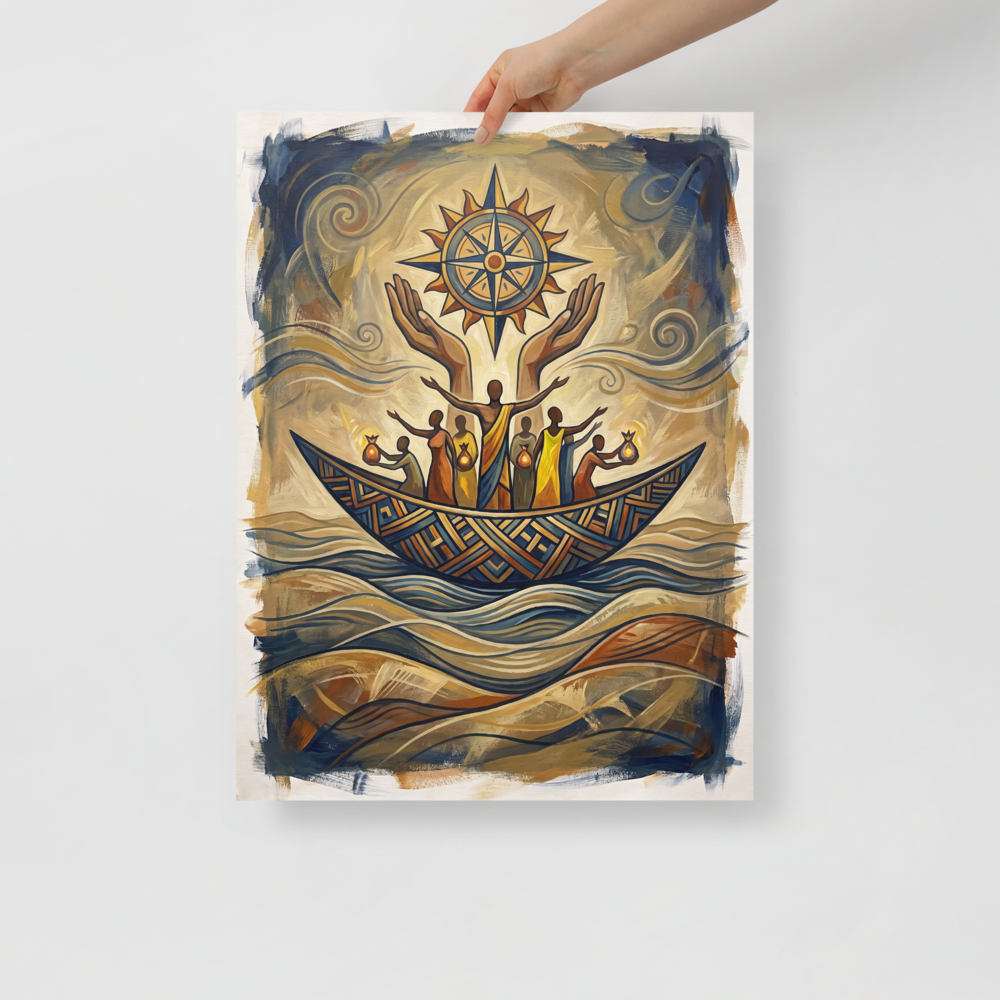 An oil painting of figures in a patterned boat beneath large hands holding a glowing compass rose, evoking hope and guidance for a living room or study. A Symbolism print in golden rod and navy, 'Voyage of the Guiding Sun'.
