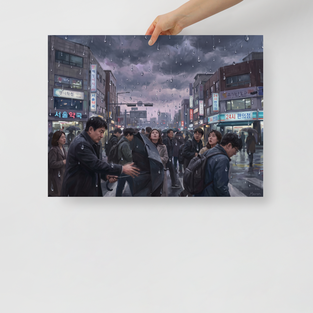 'Sudden Downpour in Seoul' by Meron. A bustling rainy Seoul street with commuters holding umbrellas under heavy falling raindrops in a modern office. A Realism wall art print.