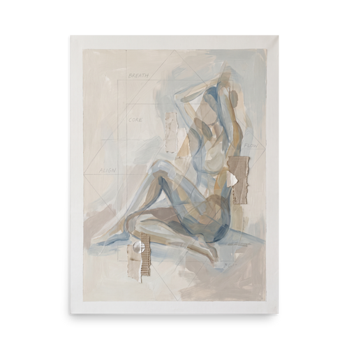 Lyco art wall art for the meditation room / zen space, 'Breath and Alignment'. A serene mixed media figure painting in muted blue and beige with torn paper collage elements and the words breath, core, align, and flow, perfect for a calming living room or meditation room.