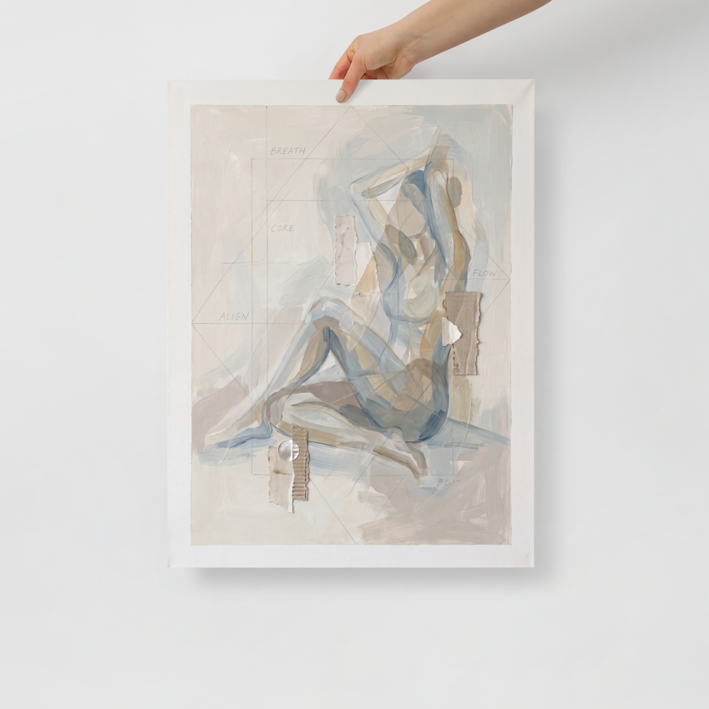 Wall art print 'Breath and Alignment' in a Lyco art style. A serene mixed media figure painting in muted blue and beige with torn paper collage elements and the words breath, core, align, and flow, perfect for a calming living room or meditation room.
