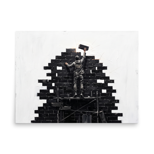 Wall art print 'Brick by Brick' in a Street art style. Monochrome street art painting of a figure building a brick wall on scaffolding for office wall art.