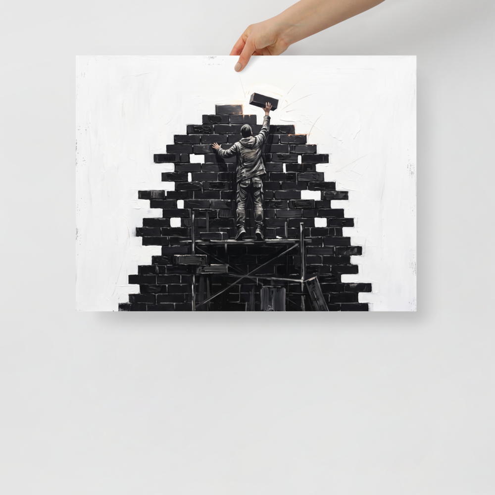 The Street art print 'Brick by Brick'. Monochrome street art painting of a figure building a brick wall on scaffolding for office wall art.