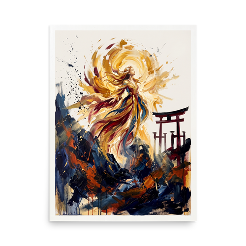 Expressive oil painting of Japanese sun goddess Amaterasu ascending in golden light near a Torii gate, framed by dark rocks for living room art. A Expressionism print with a impasto look, titled 'Amaterasu Awakening'.