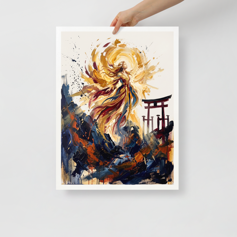 Expressive oil painting of Japanese sun goddess Amaterasu ascending in golden light near a Torii gate, framed by dark rocks for living room art. A wonder / awe piece titled 'Amaterasu Awakening'.