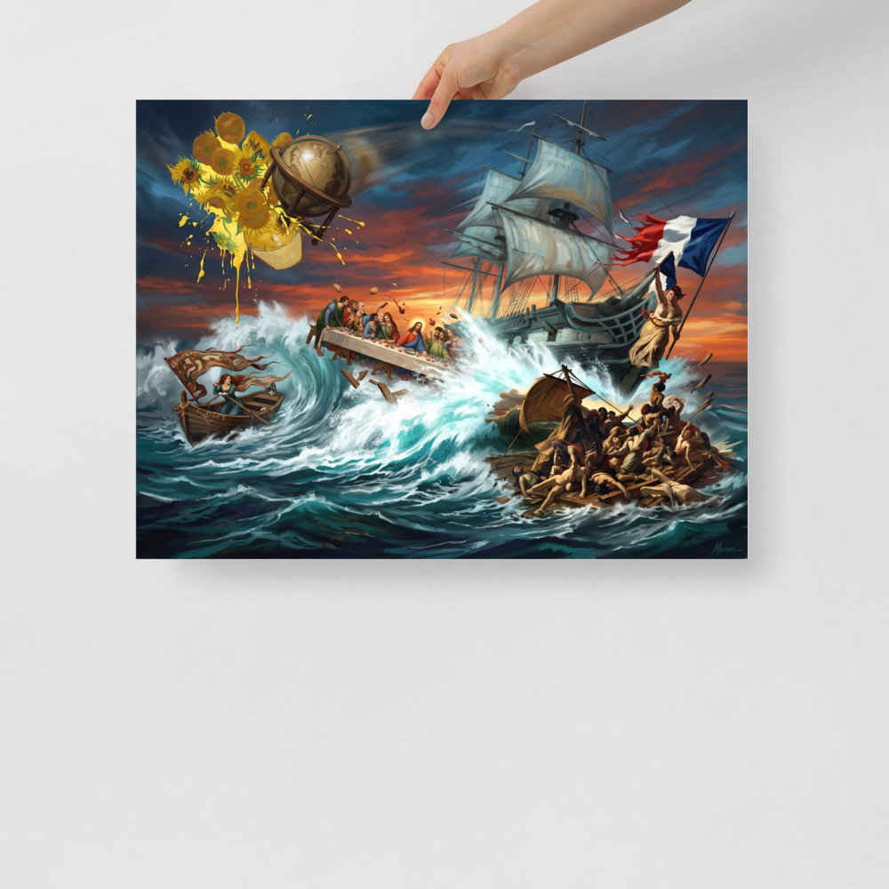 An epic oceanic pop art illustration depicting Da Vinci's Last Supper floating in stormy teal waves alongside Delacroix's Liberty, ideal for a living room. 'Tempest of Art', a Pop art print for the wall.