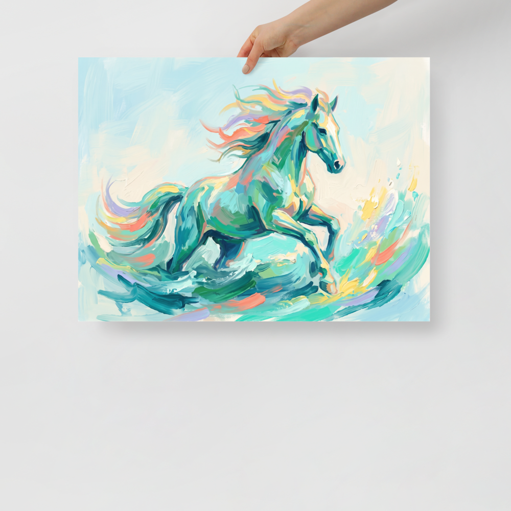 Impressionism wall art exploring mythology, 'Wave Runner'. A vibrant impasto painting of a colorful celestial horse running through turquoise sea waves in a living room.