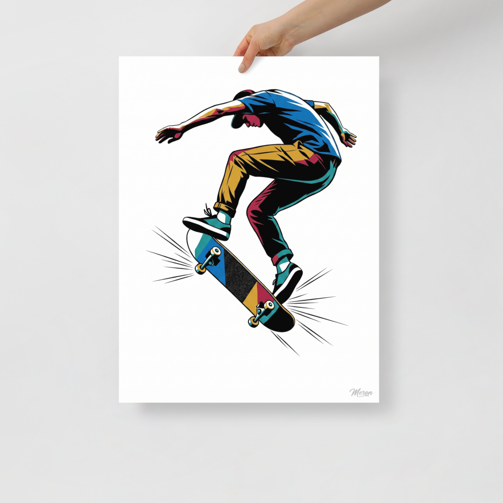 Fine art print 'Kickflip in Motion' in a Pop art style. A dynamic pop art vector illustration of a skateboarder performing a kickflip in mid-air in a game room.