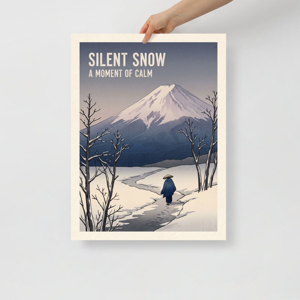 'Silent Snow', Shin hanga wall art in slate gray and navy. A lone traveler walks along a snowy path toward Mount Fuji under typography reading Silent Snow, ideal for a bedroom.
