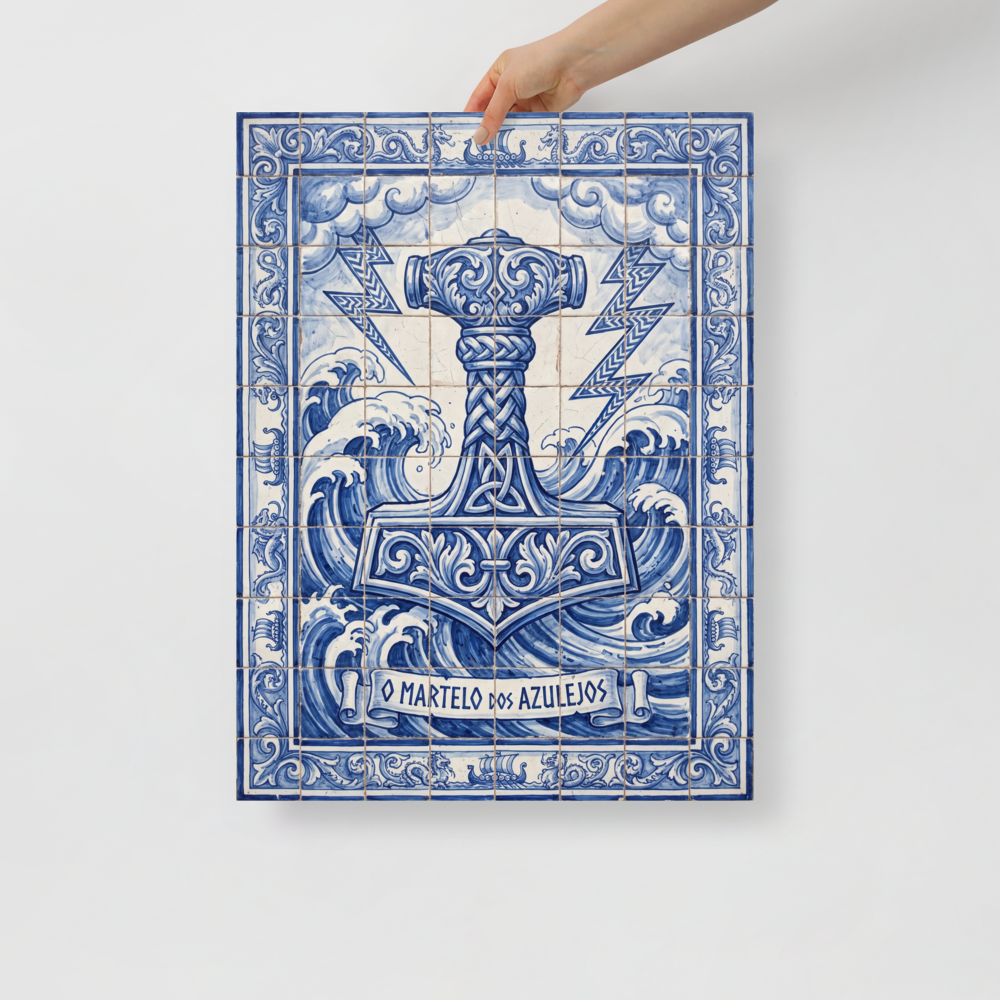 'O Martelo dos Azulejos' by Meron. A blue and white Portuguese tile mural depiction of Thor's hammer Mjölnir surrounded by ocean waves in a Dining Room setting. A Folk art wall art print.