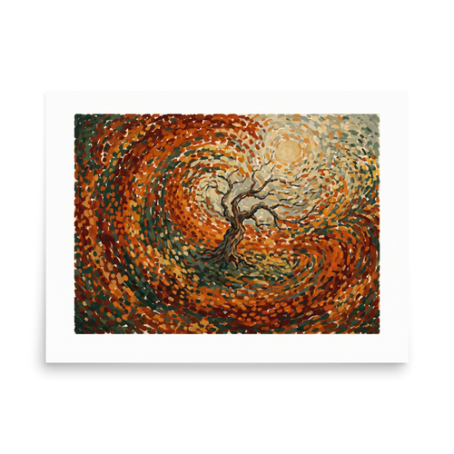 'Autumn's Embrace', Post-Impressionism wall art in orange and brown. A vibrant post-impressionist painting of a swirling autumn wind around a bare tree, perfect for adding warmth to a Living Room.