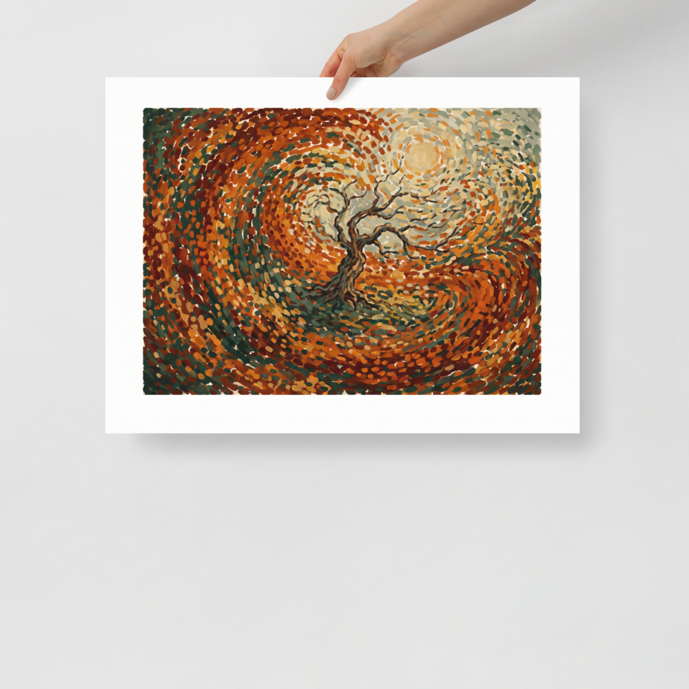 Post-Impressionism wall art, 'Autumn's Embrace'. A vibrant post-impressionist painting of a swirling autumn wind around a bare tree, perfect for adding warmth to a Living Room.