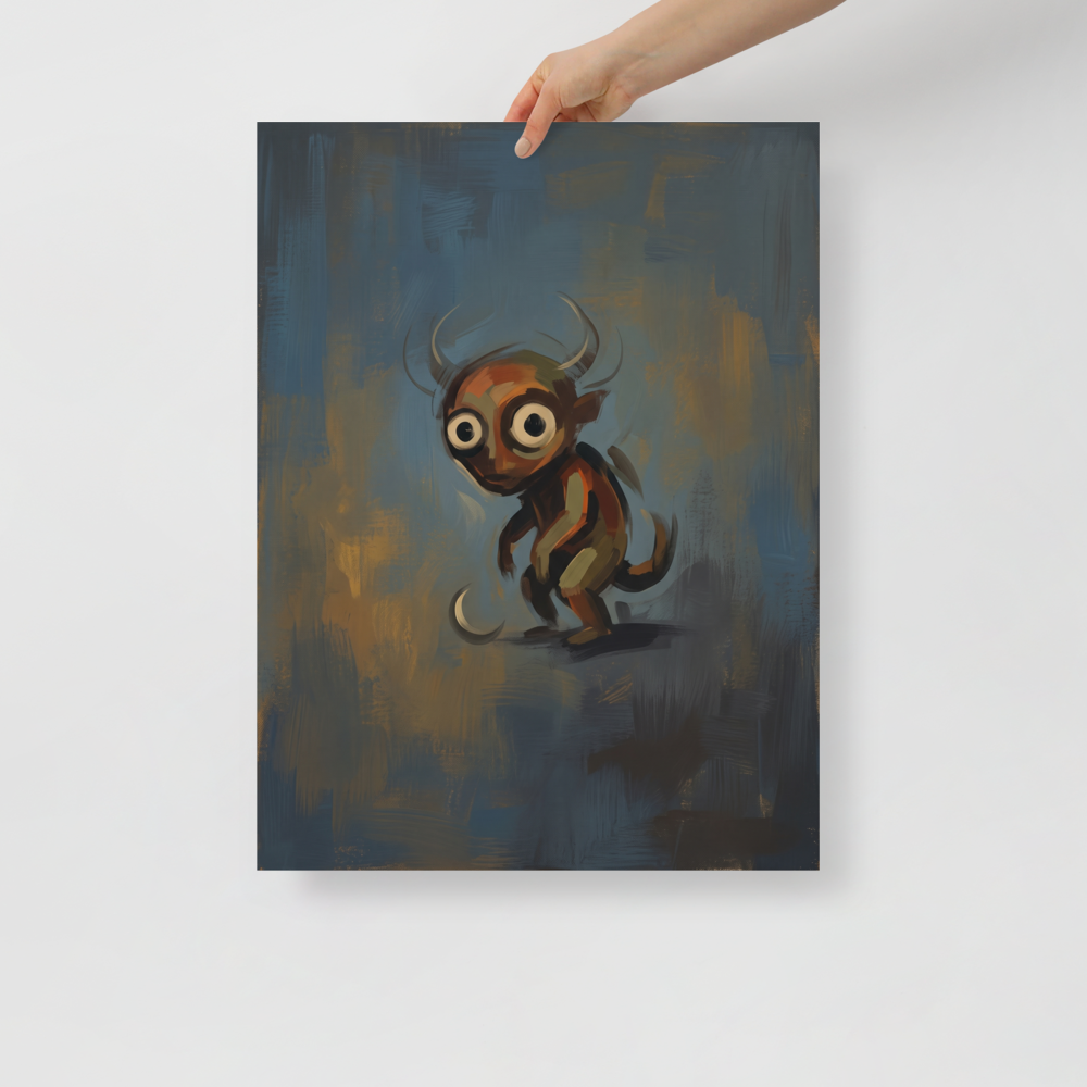 Fine art print 'The Curious Imp' in a Lowbrow style. An oil painting of a wide-eyed horned imp in a moody game room wall art display.