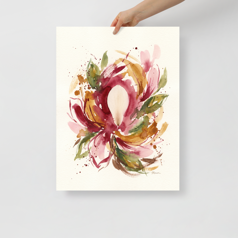 'Petal Symphony', a Abstract art wall art print. Abstract watercolor floral painting in burgundy and ochre hues displayed in a bright living room.