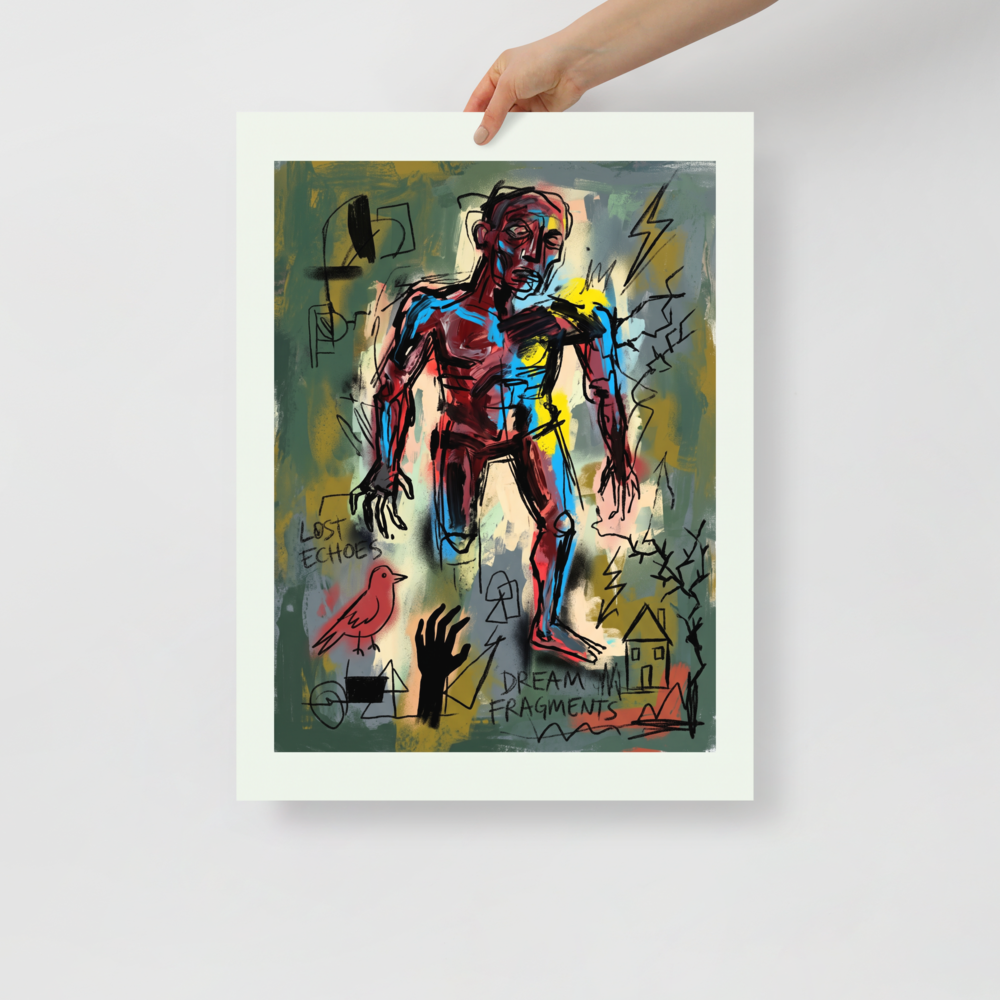 A raw neo-expressionist figure surrounded by lightning bolts and scribbled text reading dream fragments, creating striking energy for an office or living room. A Neo-expressionism art print titled 'Dream Fragments'.