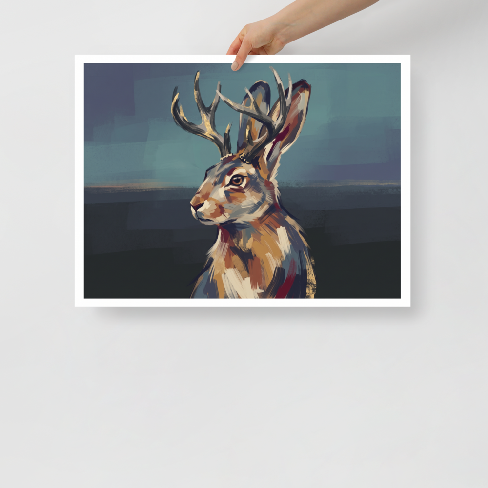 Wall art print 'Sentinel Jackalope' in a Figurative art style. Serene painterly portrait of a mythical Jackalope with golden antlers, ideal for a library wall.