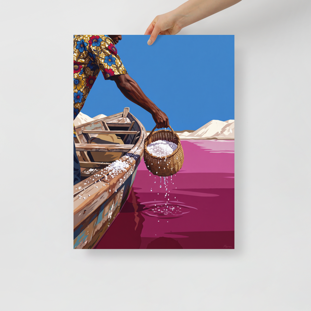 'Pink Lake Harvest', Figurative art wall art in deep pink and dodger blue. Man in a floral shirt lifting a woven basket of salt from a bright pink lake into a wooden boat, perfect for a living room.