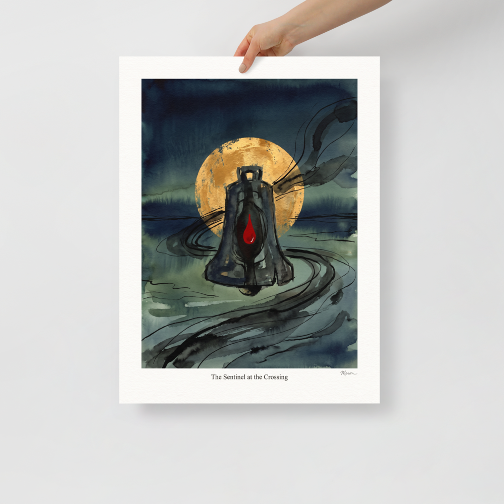 'The Sentinel at the Crossing'. A mystical lantern with a red glowing flame set against a golden moon and dark teal watercolor waters, ideal for bedroom decor. Offered as a Symbolism print.