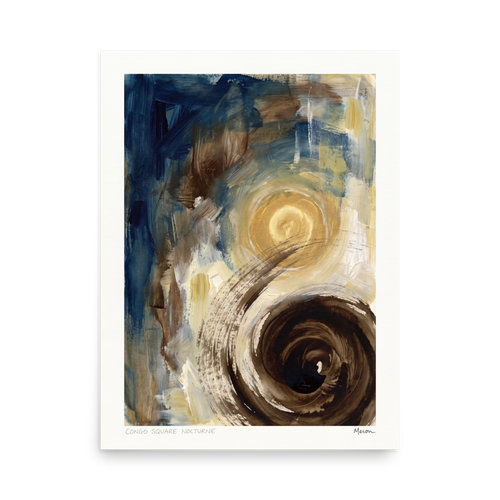 A brooding scene in dark blue and gold, 'Congo Square Nocturne'. Swirling golden moon aura and dark espresso vortex painterly strokes on a blue and ochre canvas in a living room wall art display.