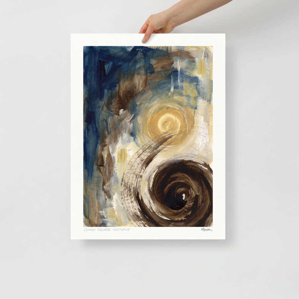 Abstract expressionism wall art for the living room, 'Congo Square Nocturne'. Swirling golden moon aura and dark espresso vortex painterly strokes on a blue and ochre canvas in a living room wall art display.