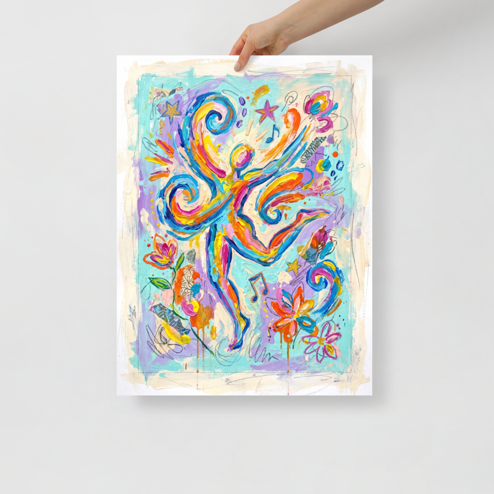 A lively / vibrant Abstract expressionism print, 'Joyful Dance of Sound and Motion'. Vibrant abstract figure leaping amidst colorful swirls and musical notes, perfect for Studio decor.