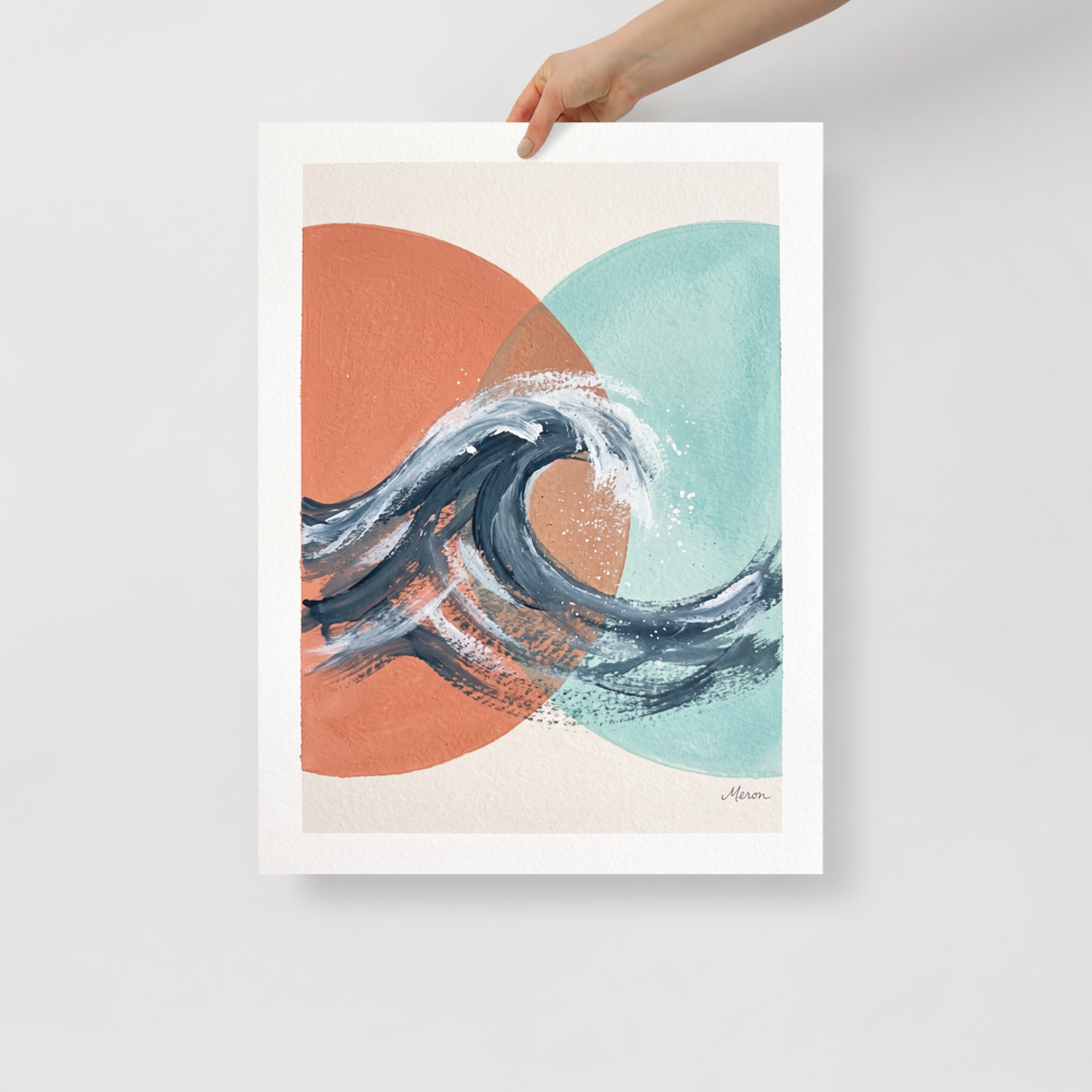 'Tidal Intersect', part of Meron's Abstract art wall art. Textured navy ocean wave breaking across intersecting coral and turquoise geometric circles, ideal for a coastal bathroom.