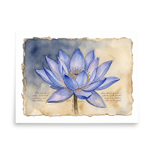 A periwinkle blue lotus flower watercolor with gold accents on handmade paper in a bedroom wall art print. A calmness piece titled 'Blue Lotus Botanical'.