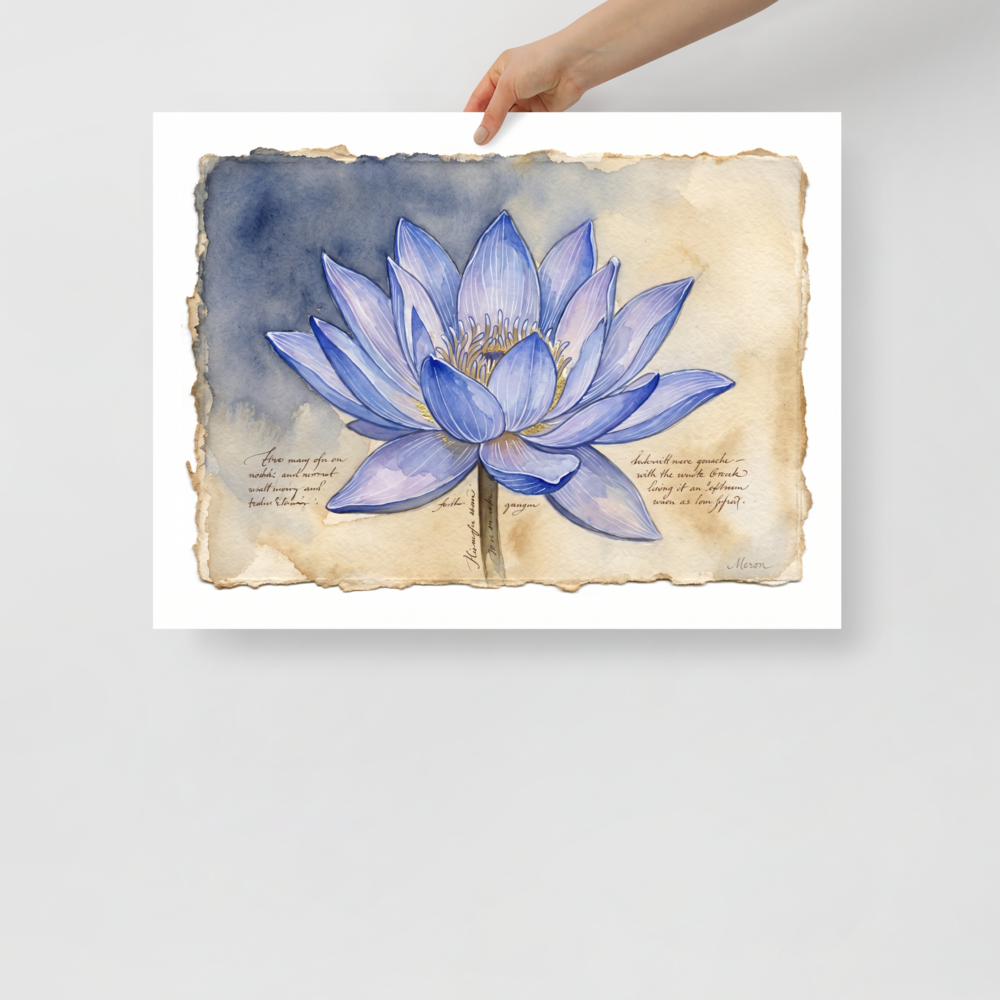 A periwinkle blue lotus flower watercolor with gold accents on handmade paper in a bedroom wall art print. A calmness piece titled 'Blue Lotus Botanical'.