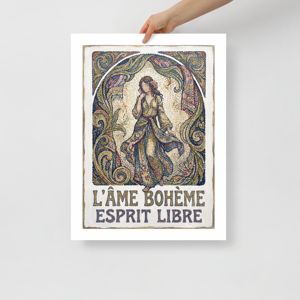 'The Bohemian Spirit'. An Art Nouveau Pointillist poster featuring a figure in a flowing gown with intricate botanical arches in a Bedroom. Offered as a Art Nouveau print.