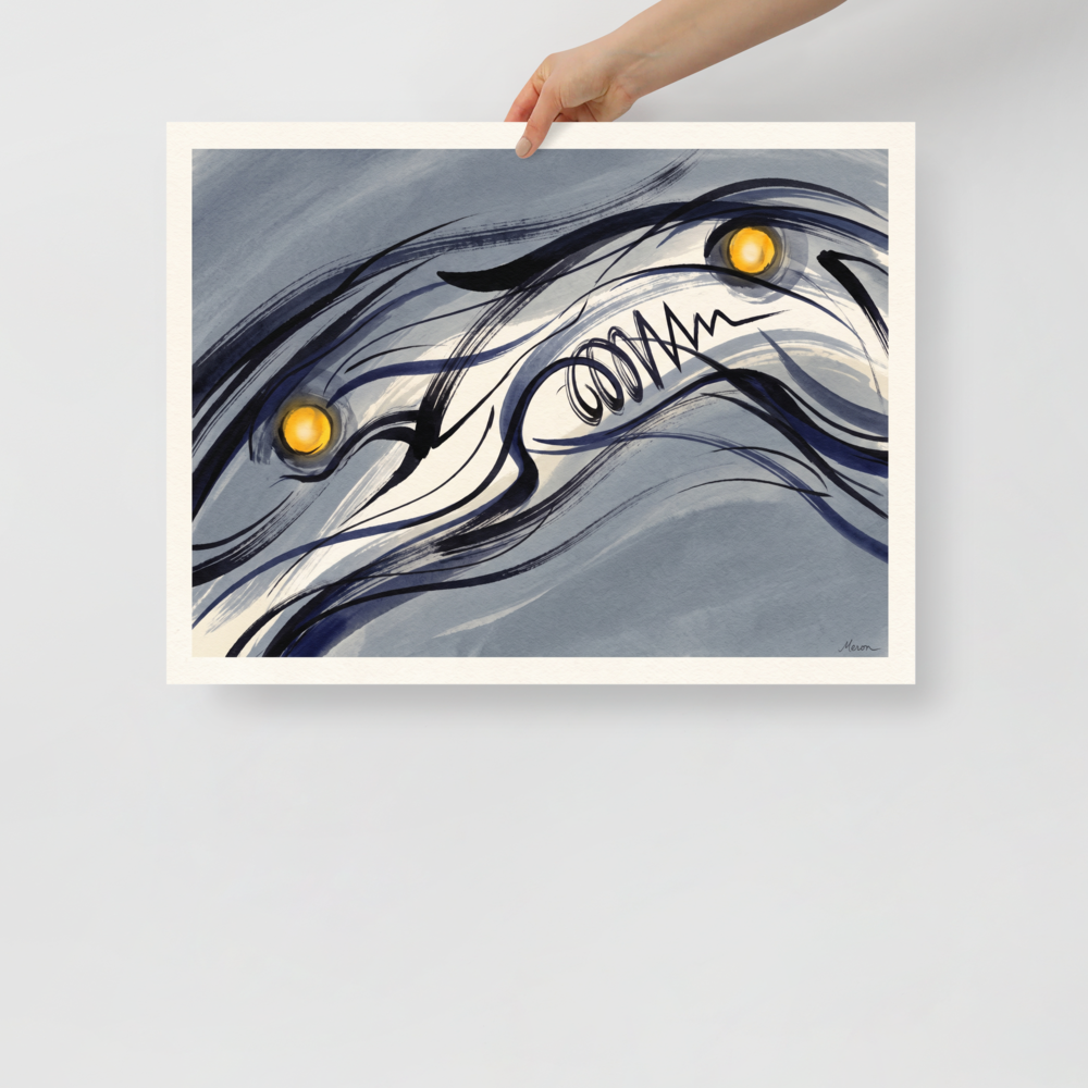 Abstract ink artwork with glowing gold orbs hanging in a modern study room. A Abstract art print with a ink wash painting look, titled 'Celestial Currents'.