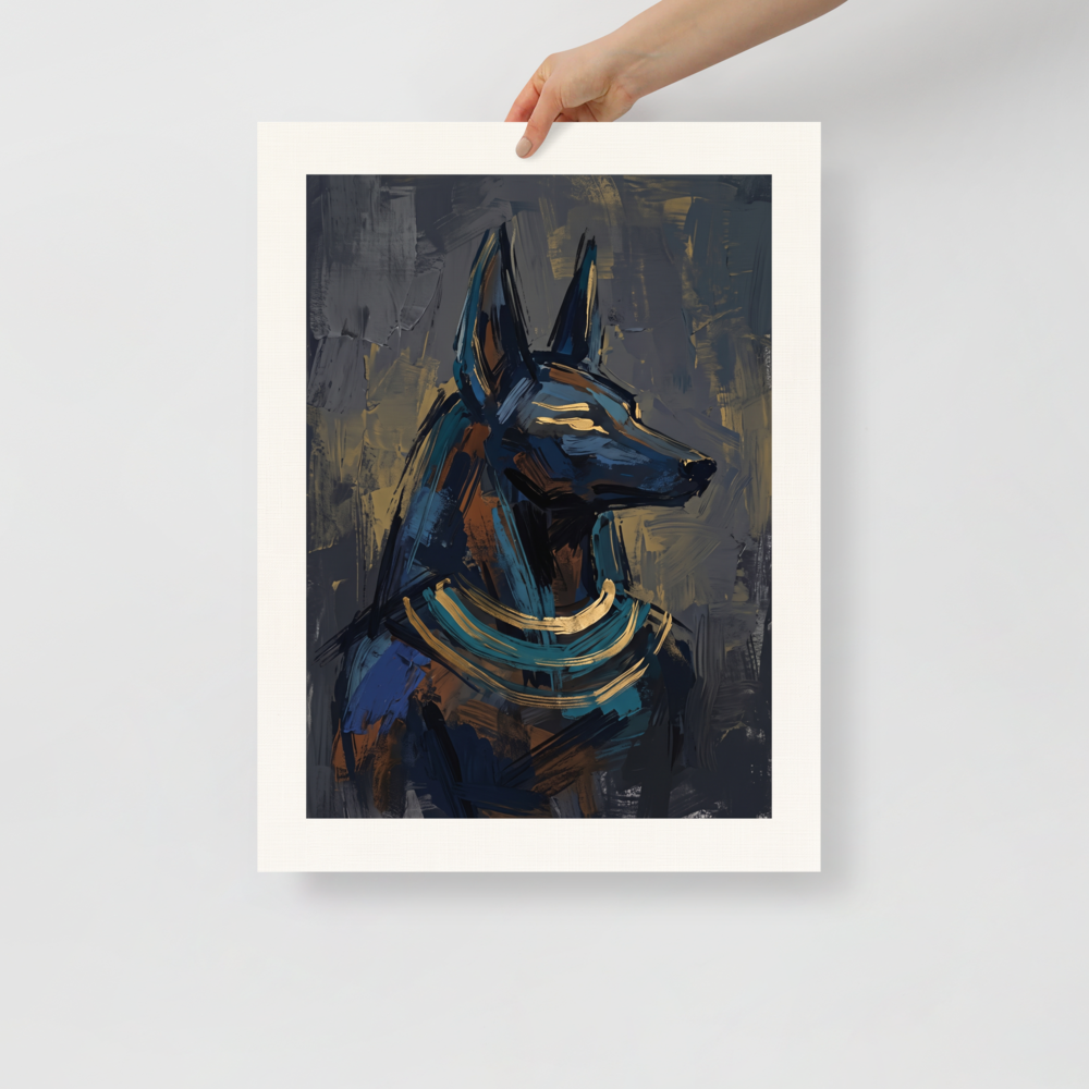 Expressionism wall art exploring mythology, 'The Jackal's Gaze'. An expressive oil painting of the Egyptian god Anubis in profile, featuring bold blue and gold brushstrokes on a dark background, ideal for an elegant office.