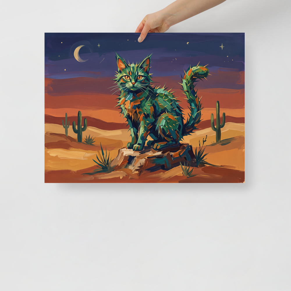 A colorful, whimsical painting of a spiky cactus cat sitting in a desert under a twilight sky, perfect for a cozy Sunroom. 'The Cactus Cat', a Fauvism print for the wall.