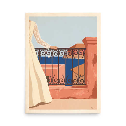 'Coastal Balcony Breeze', part of Meron's Modernism wall art. Woman in an ivory lace dress leaning on a wrought iron balcony overlooking a blue sea with a sailboat, ideal for a bedroom.