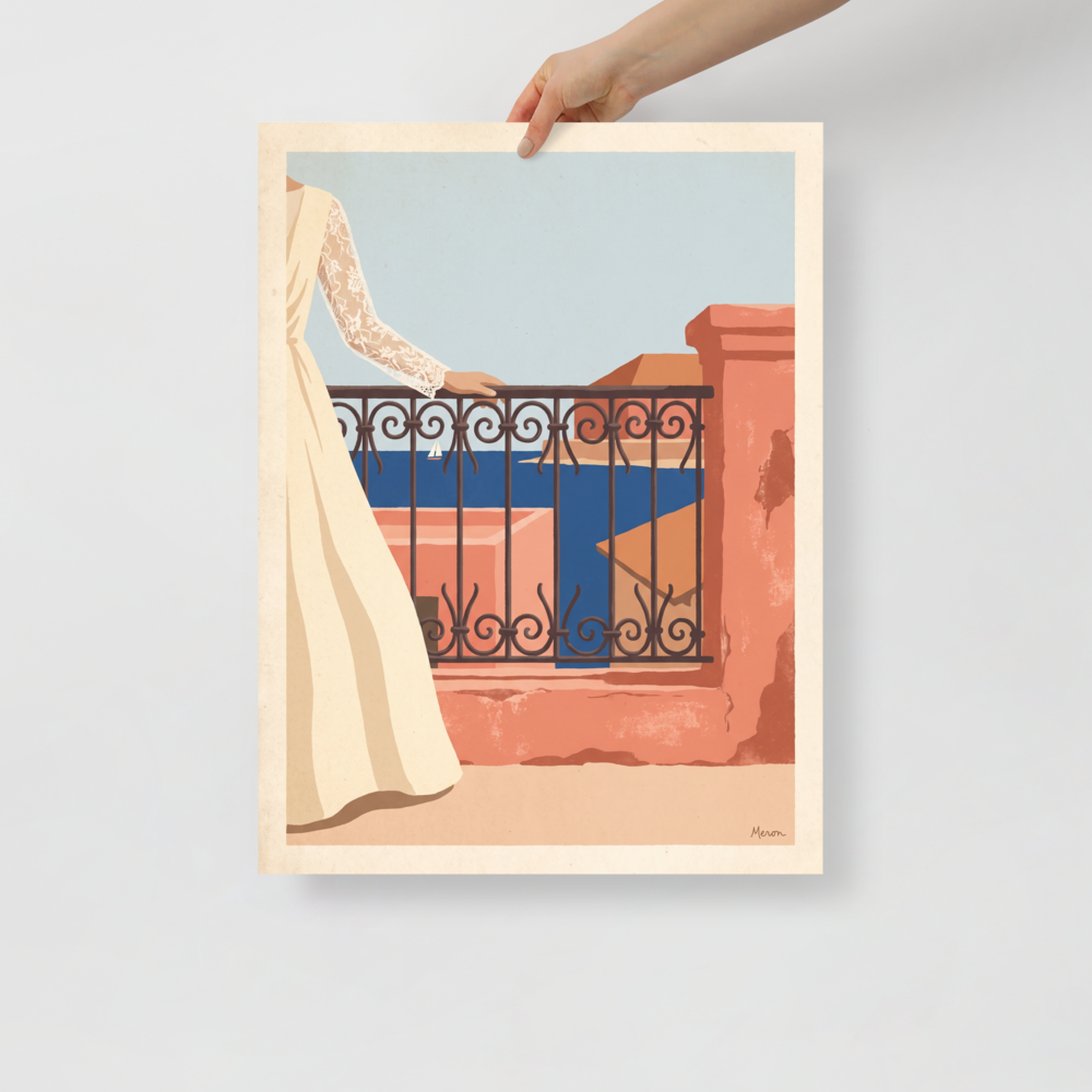 Woman in an ivory lace dress leaning on a wrought iron balcony overlooking a blue sea with a sailboat, ideal for a bedroom. 'Coastal Balcony Breeze', a Modernism print for the wall.
