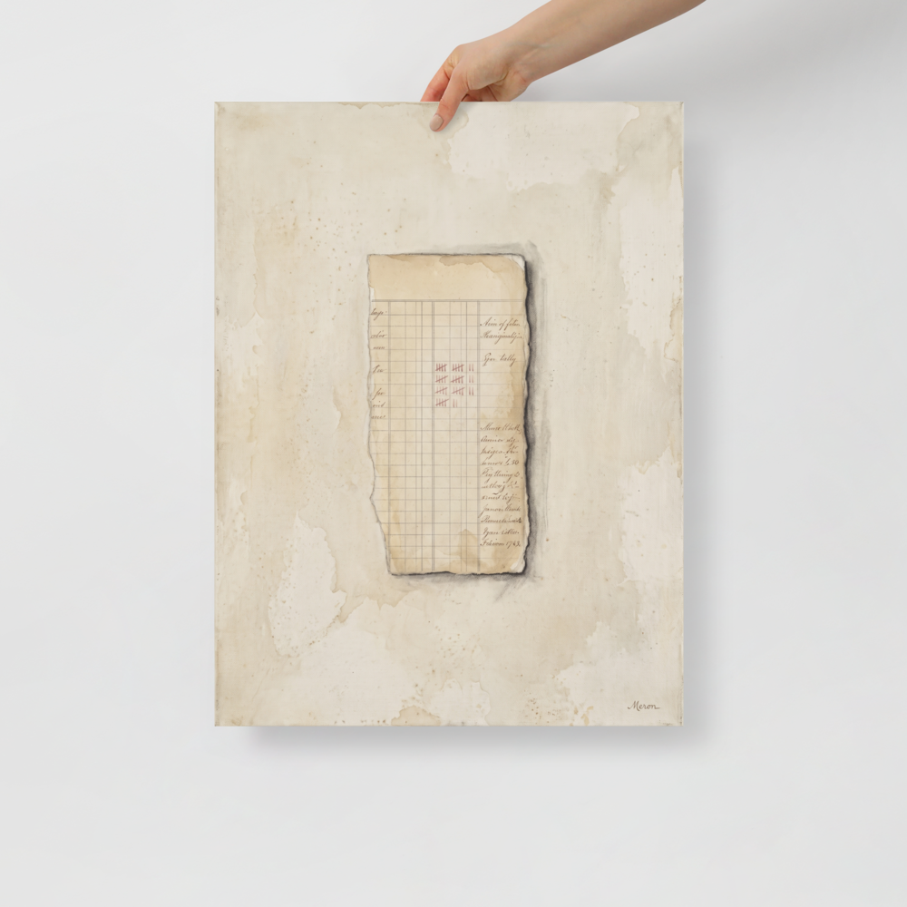 Conceptual art wall art for the office, 'Silent Ledger'. A torn ledger paper with red tally marks rests on a stained parchment background in an office wall art print.