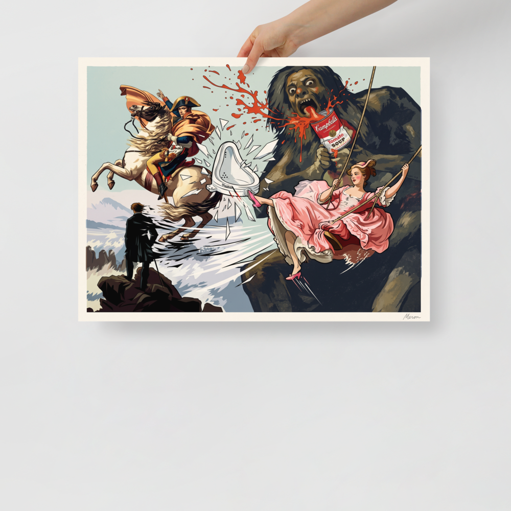 A humorous pop art illustration depicting Goya's Saturn drinking Campbell's Tomato Soup alongside Fragonard's swing lady kicking Duchamp's urinal, ideal for a game room. 'Saturn's Soup', a Pop art print for the wall.