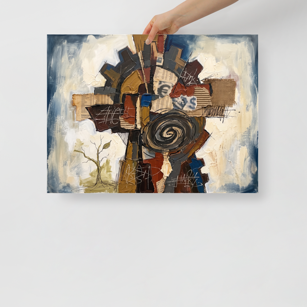 Dau-al-Set wall art for the office, 'The Cogwheel Assemblage'. A textured mixed-media assemblage depicting an industrial cogwheel, spiral, burlap, and cardboard collage over creamy oil paint, perfect for an office or studio.
