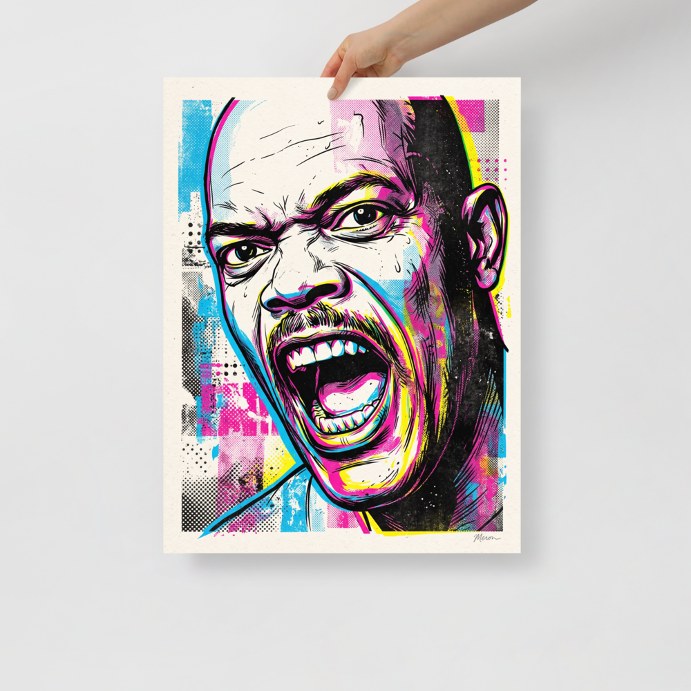 A vibrant pop art portrait of Samuel L. Jackson shouting passionately with cyan and magenta halftones, perfect for a Home Theater / Cinema wall. A Pop art print in cyan and magenta, 'Unfiltered Fury'.