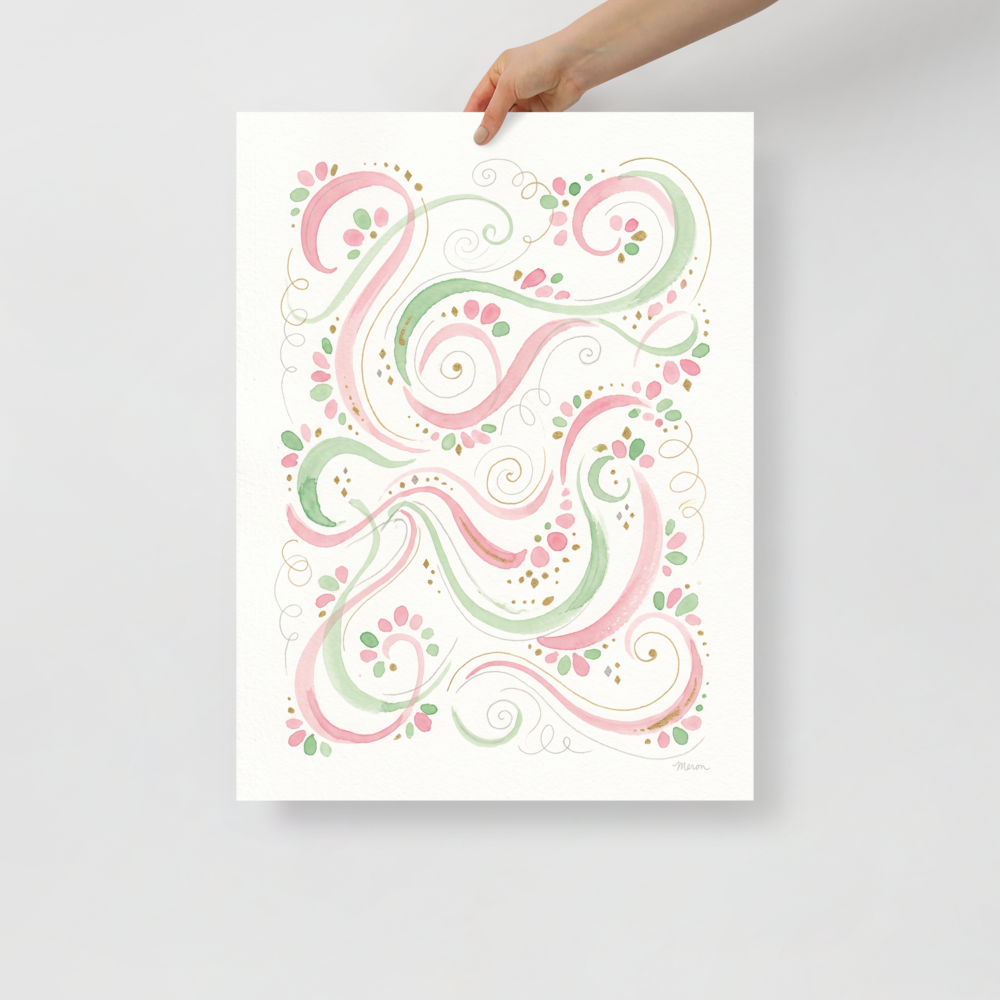 An elegant Rococo watercolor of swirling pink and light green ribbons with gold filigree, styled for a bright bedroom. A Rococo art print titled 'Pastel Pirouette'.
