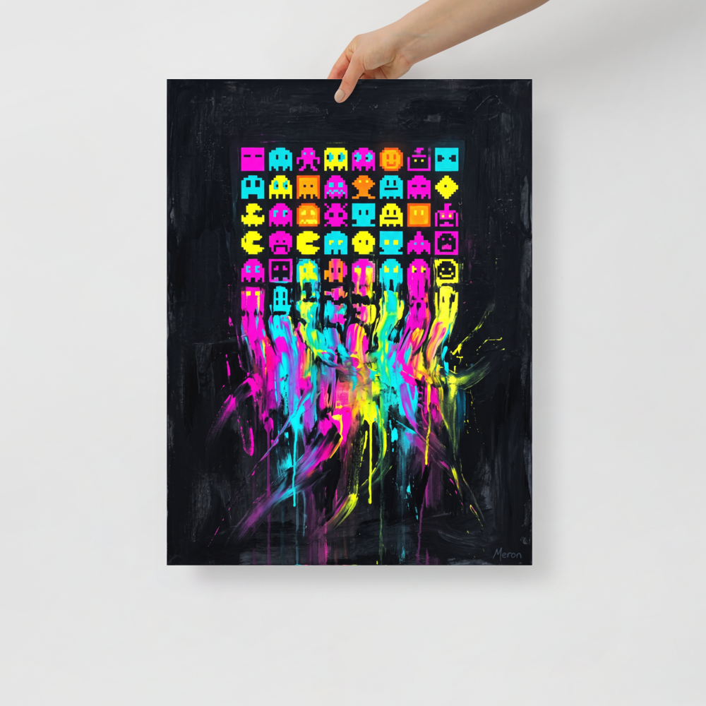 Vibrant retro 8-bit pixel game characters melting into neon cyan and magenta paint drips on a black canvas for a game room or studio decor. A Pixel art art print titled 'Meltdown Arcade'.