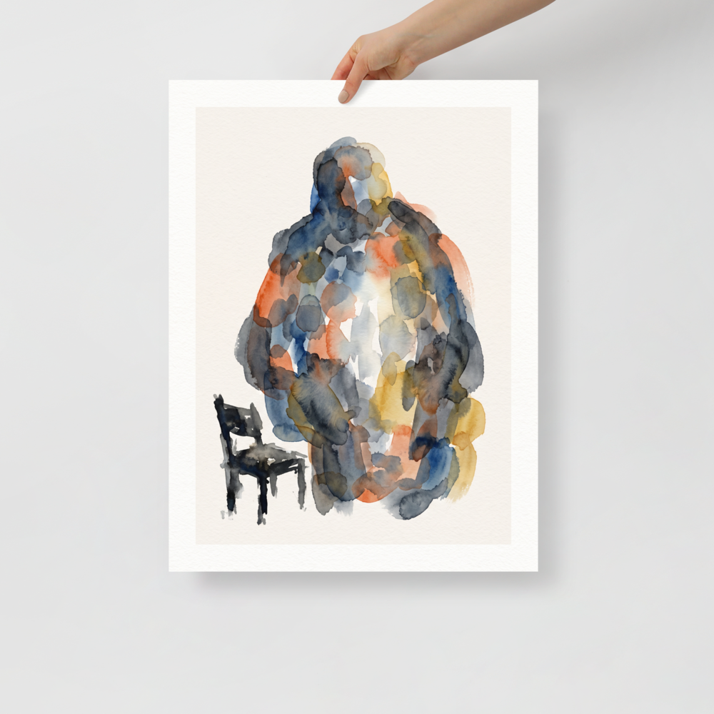 'Presence and Absence', part of Meron's Expressionism wall art. An abstract watercolor painting featuring a large standing human figure made of blue and orange washes next to a small black chair, suitable for a study.
