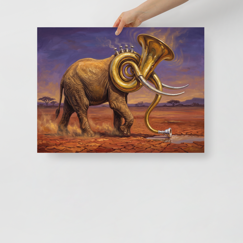 'The Savanna Sousaphone' by Meron. A striking surrealist oil painting of an African elephant with a sousaphone head in the desert, ideal for a modern living room. A Surrealism wall art print.