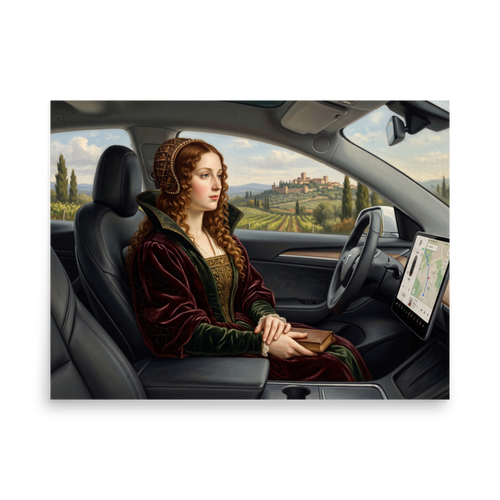 Wall art print 'Autopilot in Tuscany' in a Renaissance style. An oil painting of a Renaissance noblewoman sitting in the passenger seat of a modern electric car with a navigation screen overlooking Tuscan vineyards, fitting for a living room or office.