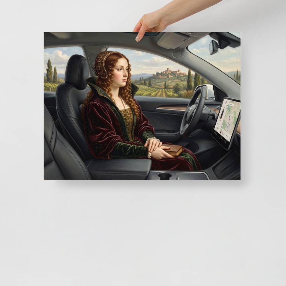 An oil painting of a Renaissance noblewoman sitting in the passenger seat of a modern electric car with a navigation screen overlooking Tuscan vineyards, fitting for a living room or office. 'Autopilot in Tuscany', a Renaissance print for the wall.
