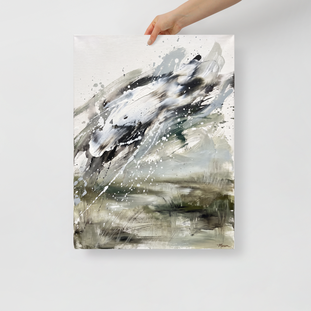 Abstract expressionism wall art, 'Tempest in Sage'. Dynamic abstract landscape print with impasto sage green and charcoal paint splatters styled in a modern living room.