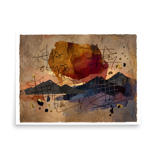Layered mountain silhouettes beneath a terracotta sun and delicate calligraphic lines on textured paper, making a serene focal point for an office. Shown here as the Dau-al-Set print 'Calligraphic Horizon'.
