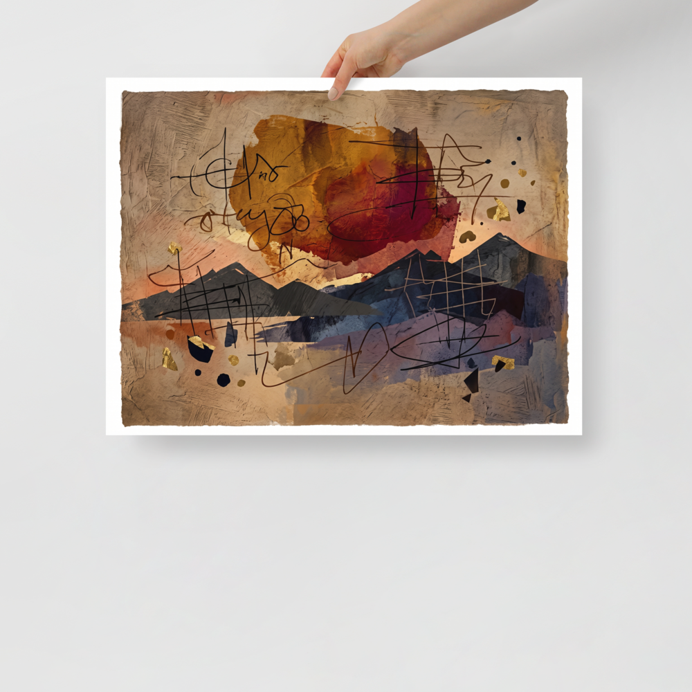 Layered mountain silhouettes beneath a terracotta sun and delicate calligraphic lines on textured paper, making a serene focal point for an office. A calmness piece titled 'Calligraphic Horizon'.